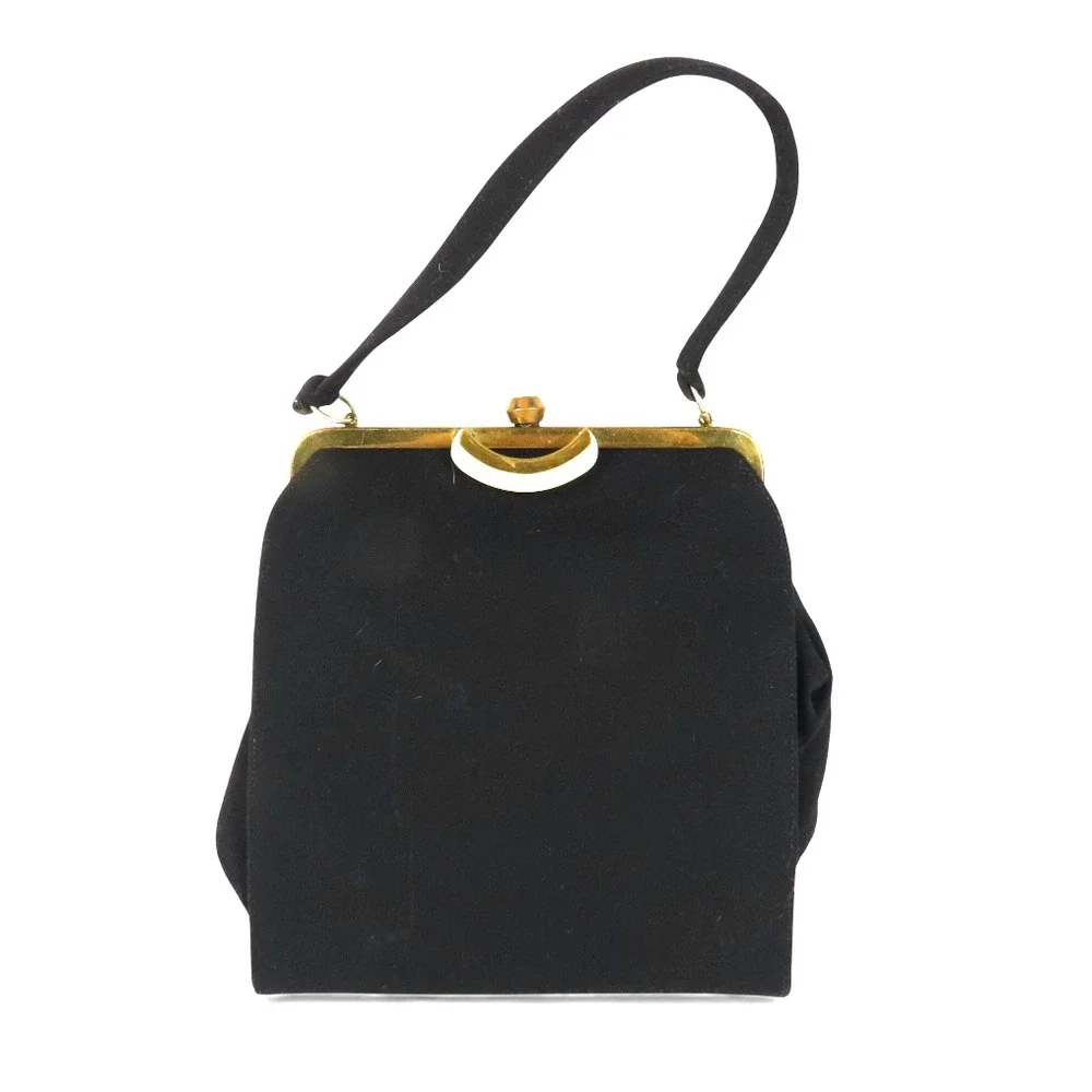 VTG Ingber Black Wool FRAME TOP PURSE BAG Pearlized Brass Lever Clasp SATCHEL